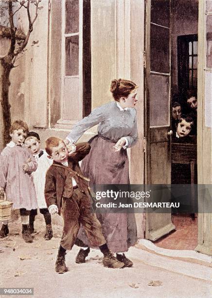 Illustration on the obligation of going to primary school following the vote on the law of 28 March 1882, put forward by the minister Jules FERRY for...