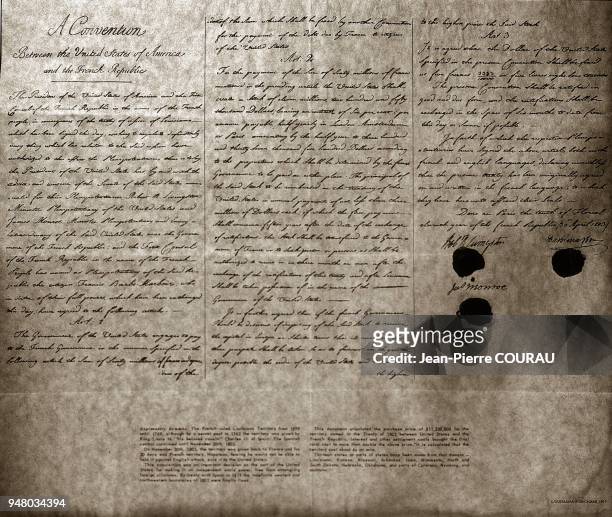 Bill of sale of the French territory of Louisiana to the United States of America, established on April 30, 1803. The bill specified the price of the...
