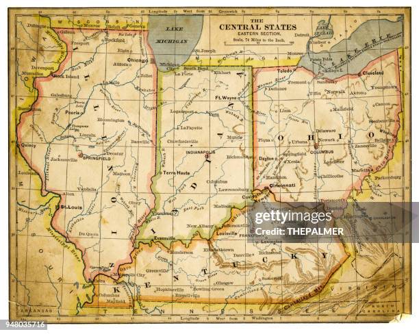 stockillustraties, clipart, cartoons en iconen met kaart van verenigde staten oost-centrale staat 1883 - indiana v illinois