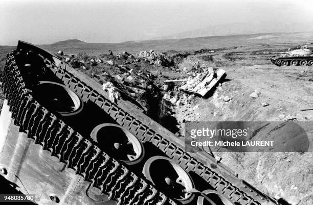 Chars syriens détruits sur le plateau du Golan, en Syrie, pendant la guerre du Kippour en octobre 1973.