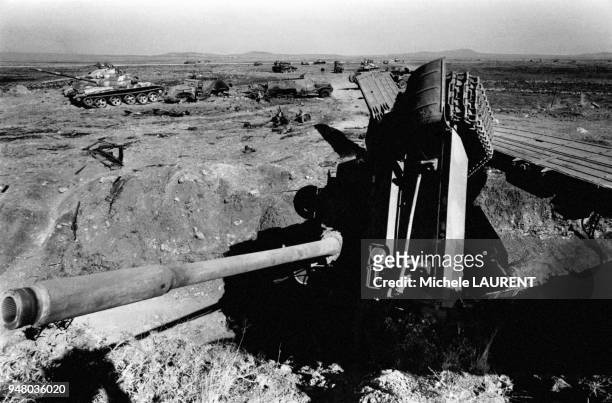 Chars syriens détruits sur le plateau du Golan, en Syrie, pendant la guerre du Kippour en octobre 1973.