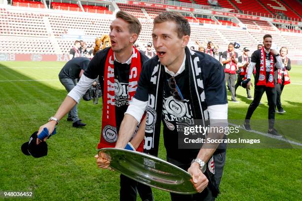 Luuk de Jong of PSV, Daniel Schwaab of PSV Celebrate the championship during the PSV champions parade at the City of Eindhoven on April 16, 2018 in...