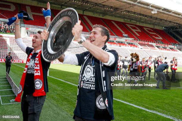 Luuk de Jong of PSV, Daniel Schwaab of PSV Celebrate the championship during the PSV champions parade at the City of Eindhoven on April 16, 2018 in...