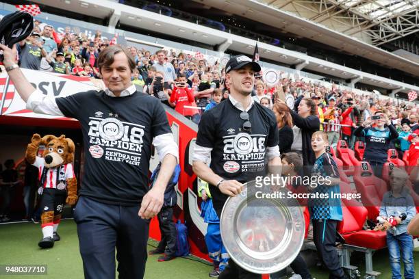 Coach Phillip Cocu of PSV, Marco van Ginkel of PSV Celebrate the championship during the PSV champions parade at the City of Eindhoven on April 16,...