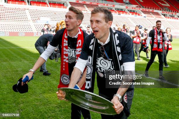 Luuk de Jong of PSV, Daniel Schwaab of PSV Celebrate the championship during the PSV champions parade at the City of Eindhoven on April 16, 2018 in...