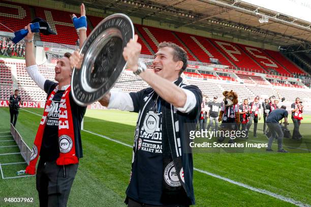 Luuk de Jong of PSV, Daniel Schwaab of PSV Celebrate the championship during the PSV champions parade at the City of Eindhoven on April 16, 2018 in...