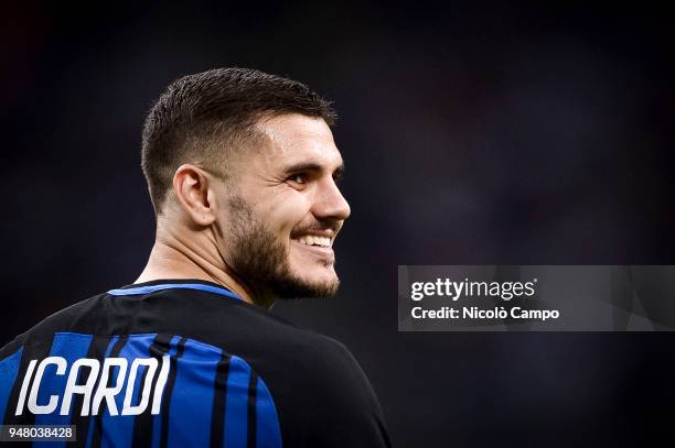 Mauro Icardi of FC Internazionale smiles during the Serie A football match between FC Internazionale and Cagliari Calcio. FC Internazionale won 4-0...