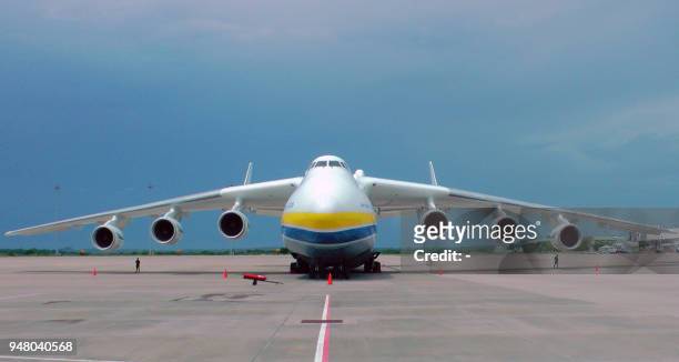 The worlds largest aircraft, the Antonov 225, sits at Sri Lankas second international airport in the southern town of Mattala on April 18 during a...
