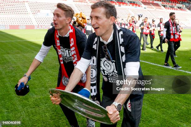 Luuk de Jong of PSV, Daniel Schwaab of PSV Celebrate the championship during the PSV champions parade at the City of Eindhoven on April 16, 2018 in...