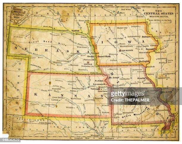 stockillustraties, clipart, cartoons en iconen met kaart van verenigde staten centraal stelt 1883 - kansas