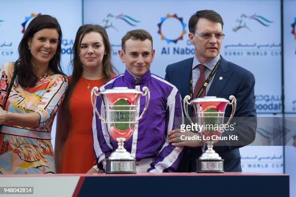 Ryan Moore, Aidan O'Brien at the trophy presentation ceremony after Mendelssohn winning the UAE Derby during the Dubai World Cup Day at Meydan...