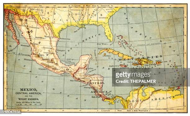 map of mexico and west indies 1883 - central america stock illustrations