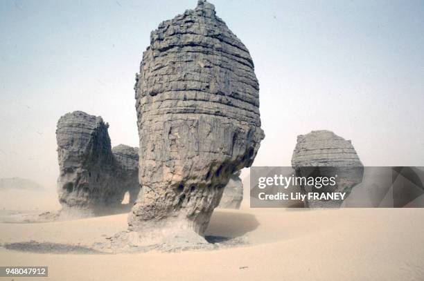 Rochers?champignons sculptés par les vents de sable, dans le Sahara, en 1986.
