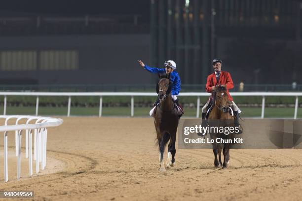 Christophe Soumillon riding Thunder Snow wins the Dubai World Cup at Meydan Racecourse on March 31, 2018 in Dubai, United Arab Emirates.