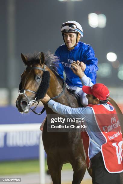 Christophe Soumillon riding Thunder Snow wins the Dubai World Cup at Meydan Racecourse on March 31, 2018 in Dubai, United Arab Emirates.