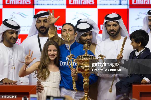 Christophe Soumillon and connections of Thunder Snow celebrate after winning the Dubai World Cup at Meydan Racecourse on March 31, 2018 in Dubai,...