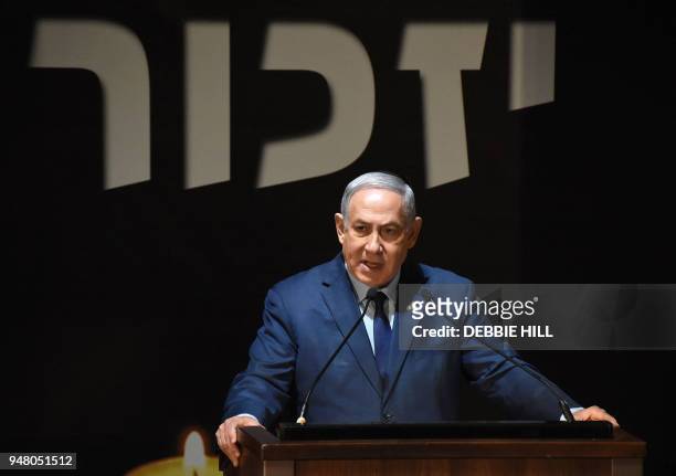 Israeli Prime Minister Benjamin Netanyahu speaks at the official ceremony for Israel's Remembrance Day for fallen soldiers in the Mt. Herzl Military...
