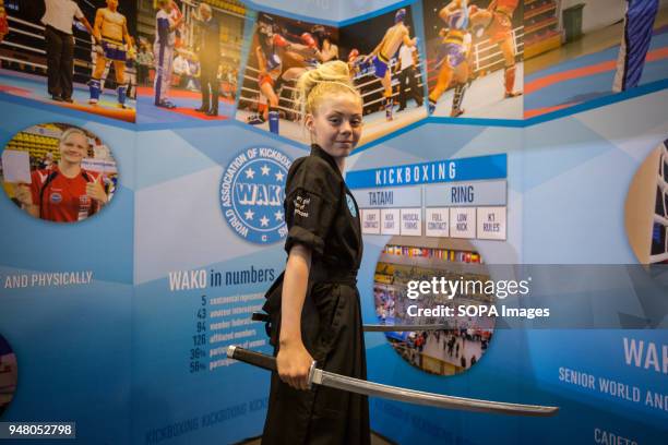YouTube star, Jesse Jane McParland seen during a photo shooting at the World Association of Kickboxing Organisations stand at the Sport Accord 2018...