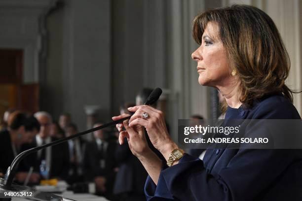 President of the Italian Senate and Forza Italia member, Maria Elisabetta Alberti Casellati, answers journalists' questions after a meeting with the...