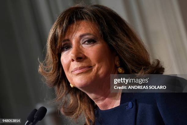 President of the Italian Senate and Forza Italia member, Maria Elisabetta Alberti Casellati, speaks during a press conference after a meeting with...