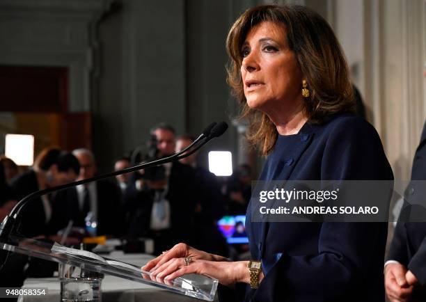 President of the Italian Senate and Forza Italia member, Maria Elisabetta Alberti Casellati, speaks during a press conference after a meeting with...