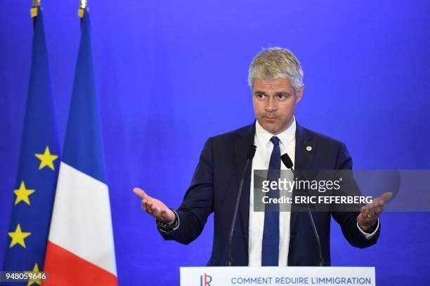 Head of France's rightwing Les Republicains opposition party Laurent Wauquiez speaks during a convention focused on the immigration theme at the LR...