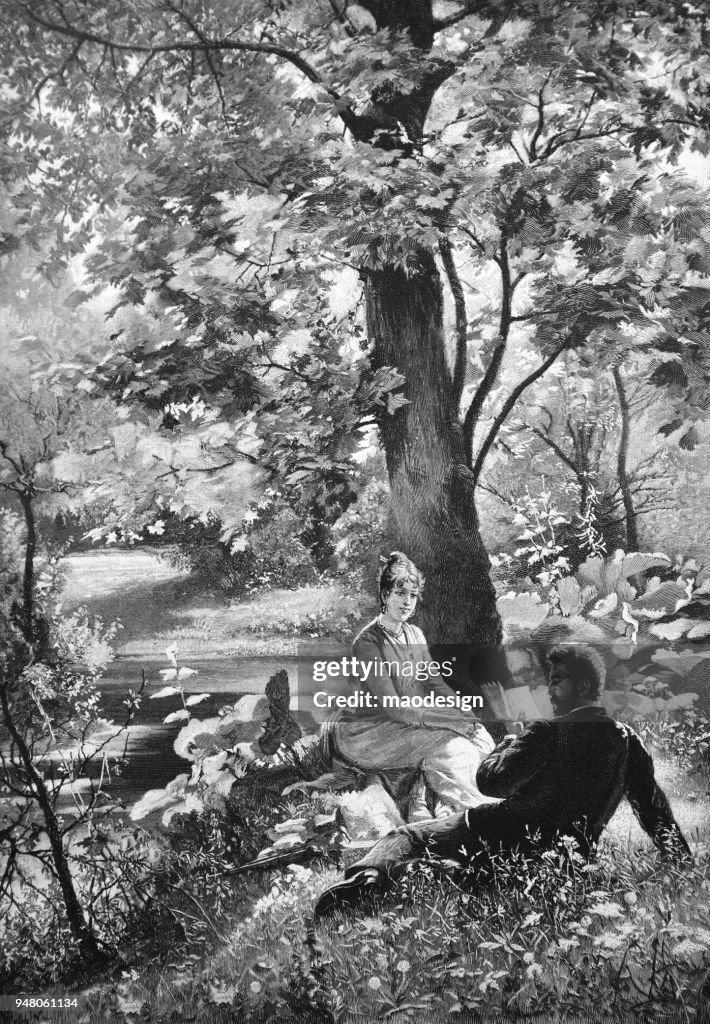 Pareja De Enamorados Sentarse Bajo Un Árbol En El Parque Y Leer Un Libro  1895 Ilustración de stock - Getty Images