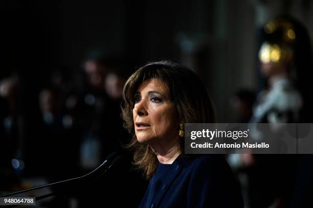 Italian Senate President, Maria Elisabetta Alberti Casellati, speaks during a news conference after a new meeting with Italian President Sergio...