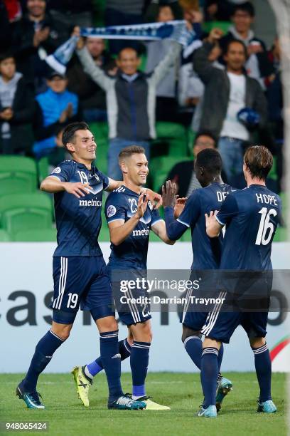 Jai Ingham of the Victory celebrates a goal during the AFC Champions League match between Melbourne Victory and Shanghai SIPG at AAMI Park on April...