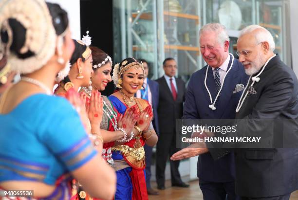 Britain's Prince Charles, Prince of Wales and India's Prime Minister Narendra Modi visit the Science Museum in London on April 18 the third day of...