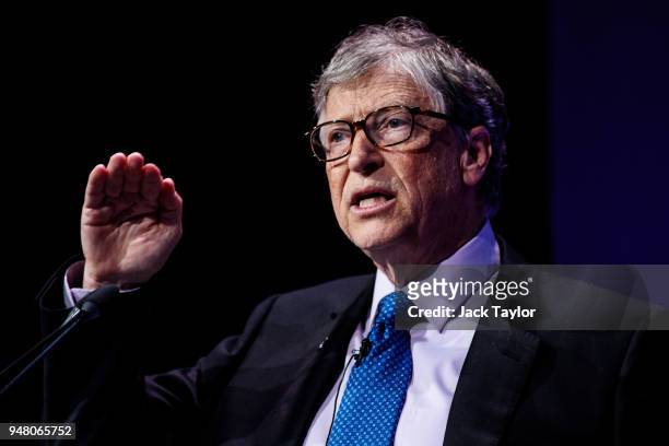 American businessman and philanthropist Bill Gates makes a speech at the Malaria Summit at 8 Northumberland Avenue on April 18, 2018 in London,...