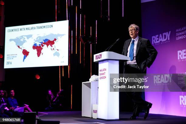 American businessman and philanthropist Bill Gates makes a speech at the Malaria Summit at 8 Northumberland Avenue on April 18, 2018 in London,...