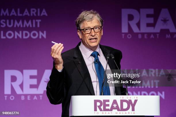 American businessman and philanthropist Bill Gates makes a speech at the Malaria Summit at 8 Northumberland Avenue on April 18, 2018 in London,...