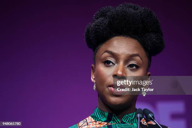 Nigerian writer Chimamanda Ngozi Adichie makes a speech at the Malaria Summit at 8 Northumberland Avenue on April 18, 2018 in London, England. The...