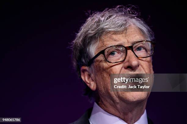 American businessman and philanthropist Bill Gates makes a speech at the Malaria Summit at 8 Northumberland Avenue on April 18, 2018 in London,...