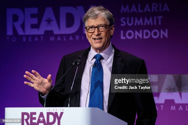 American businessman and philanthropist Bill Gates makes a speech at the Malaria Summit at 8 Northumberland Avenue on April 18, 2018 in London,...
