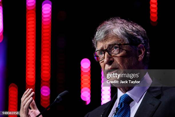 American businessman and philanthropist Bill Gates makes a speech at the Malaria Summit at 8 Northumberland Avenue on April 18, 2018 in London,...