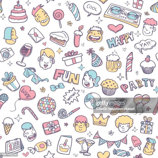 nette party doodle nahtlose muster - cartoon desserts stock-grafiken, -clipart, -cartoons und -symbole