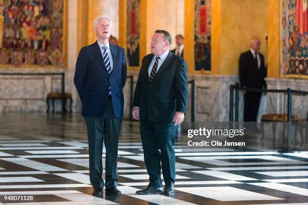 Former US president Bill Clinton meets Danish Prime Minister Lars Loekke Rasmussen and is shown around in the Knights Hall in the Parliament with...