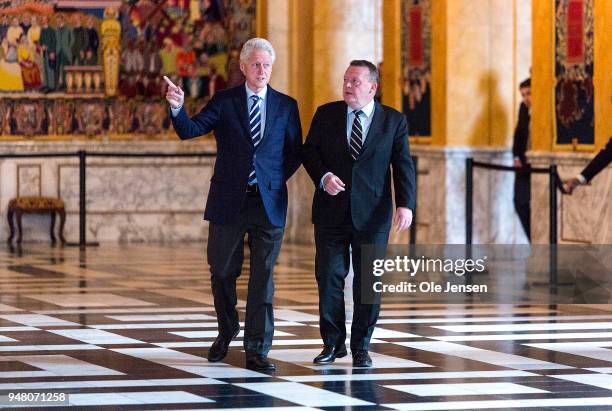 Former US president Bill Clinton meets Danish Prime Minister Lars Loekke Rasmussen and is shown around in the Knights Hall in the Parliament with...