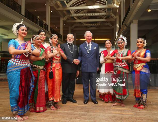 Prince Charles, Prince of Wales and Prime Minister of India Narendra Modi pose with dancers during their visit to the Science Museum on April 18,...