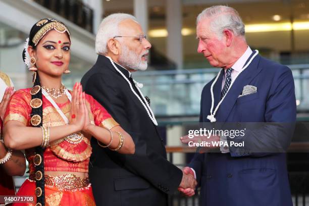 Prince Charles, Prince of Wales and Prime Minister of India Narendra Modi during their visit to the Science Museum on April 18, 2018 in London,...