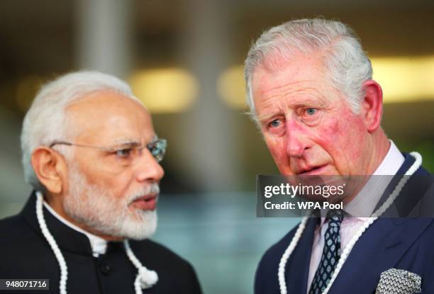 Prince Charles, Prince of Wales and Prime Minister of India Narendra Modi during their visit to the Science Museum on April 18, 2018 in London,...