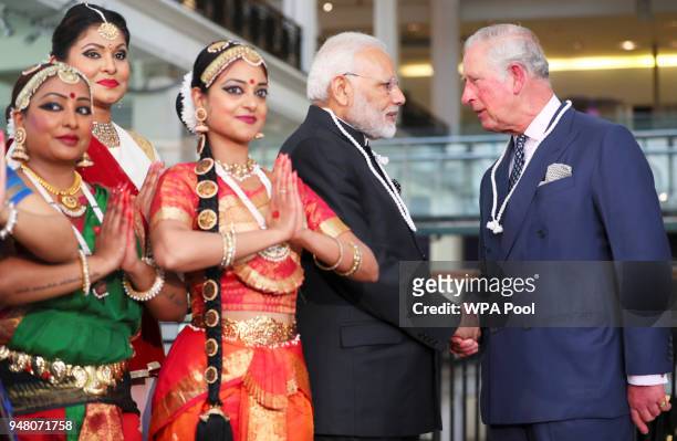 Prince Charles, Prince of Wales and Prime Minister of India Narendra Modi during their visit to the Science Museum on April 18, 2018 in London,...