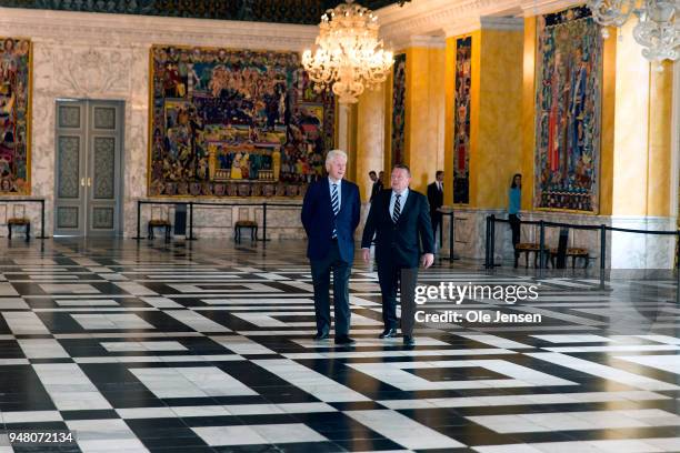 Former US president Bill Clinton meets Danish Prime Minister Lars Loekke Rasmussen and is shown around in the Knights Hall in the Parliament with...