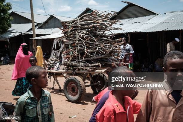 People walk next to a donkey pulling a cart loaded with firewood at the Dadaab refugee complex, northeastern Kenya, on April 18, 2018. The Dadaab...
