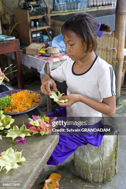 PREPARATION DES OFFRANDES VEGETALES AUX DIEUX QUE CHACUN DOIT EFFECTUER CHAQUE JOUR, ODALAN D'UN TEMPLE DE SUKAWATI, ILE DE BALI, INDONESIE.