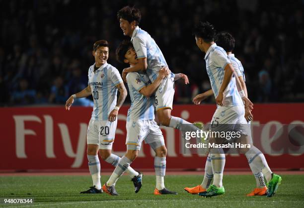 Lee Yeongjae of Ulsan Hyundai celebrates the second goal during the AFC Champions League Group F match between Kawasaki Frontale and Ulsan Hyundai at...