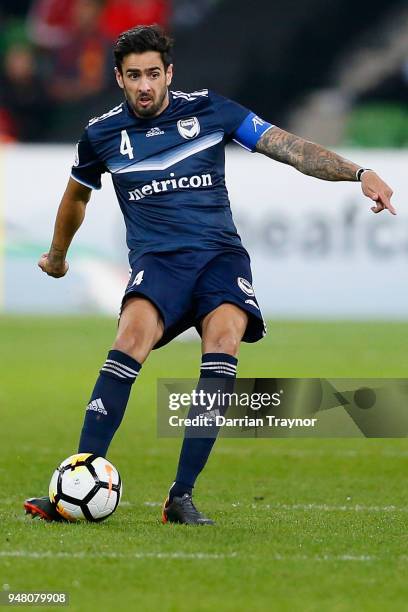 Rhys Williams of the Victory kicks the ball during the AFC Champions League match between Melbourne Victory and Shanghai SIPG at AAMI Park on April...