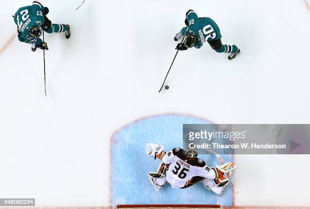 Marcus Sorensen of the San Jose Sharks with an assist from Joonas Donskoi shoots and scores getting his shot past goalie John Gibson of the Anaheim...